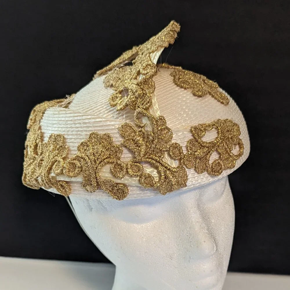 Vintage 50s 60s Round Gold Hat Madmen‎ Church Evening Cocktail Party Embellished - Picture 8 of 8